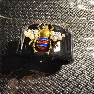 Gold Bee Accent Black Cuff Bracelet with Pearls